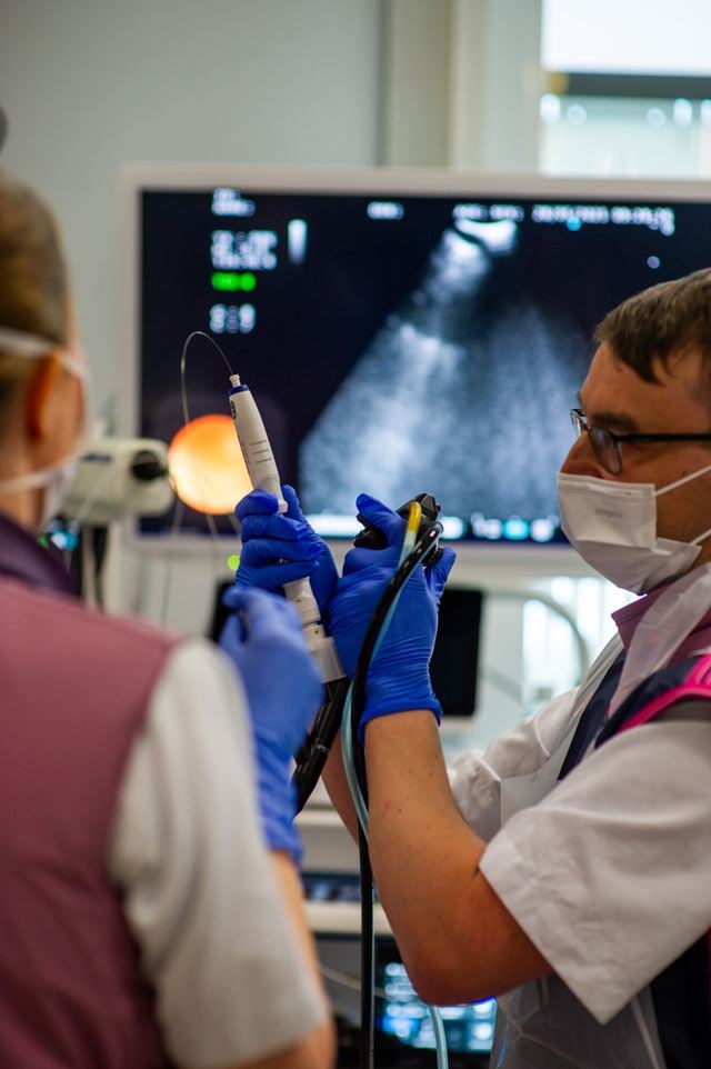 Med hjelp av sanntidsbilder, bronkoskop og kunstig intelligens, navigerer Arne Kildahl-Andersen og Marit Tjelle Setvik millimeter for millimeter gjennom pasientens luftveier. Foto: Karoline Ravndal Lorentzen 