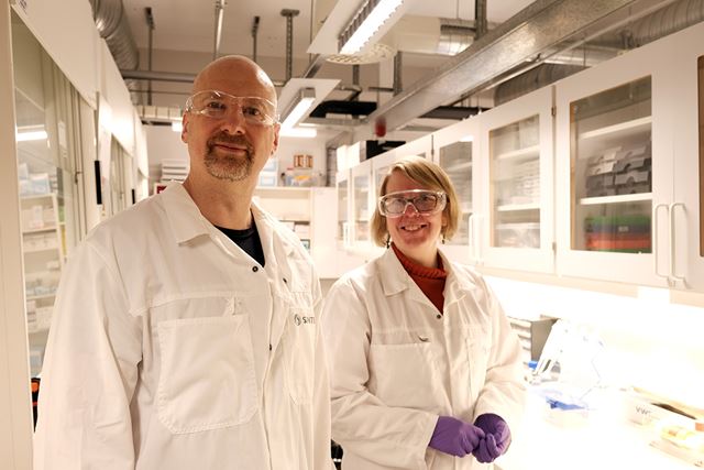 Her er seniorforsker Wilhelm Glomm og forskningsleder Anna Nordborg på laboratoriet. Foto: SINTEF 