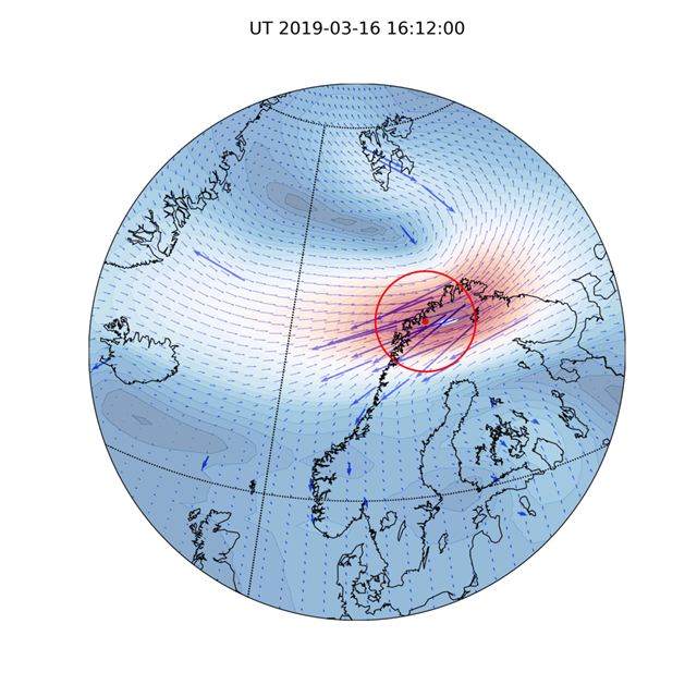 Illustrasjon over jordkloden med en sky av magnetiske forstyrrelser over Nord-Norge.