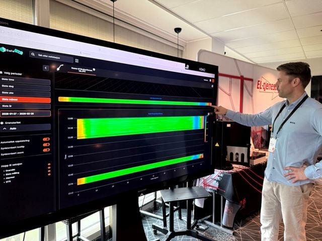  Marius Engebrethsen fra REN viser hvordan de kan lese av temperaturen meter for meter inne i en kabel ved hjelp av måleutstyr fra Safebase - en av partnerne i prosjektet. Dette gjelder strømkabler som har fiberoptikk innebygd, noe de nyeste kablene ofte har. Foto: Hege Tunstad.