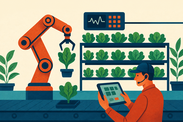 Illustrasjon av salatproduksjon med roboter.