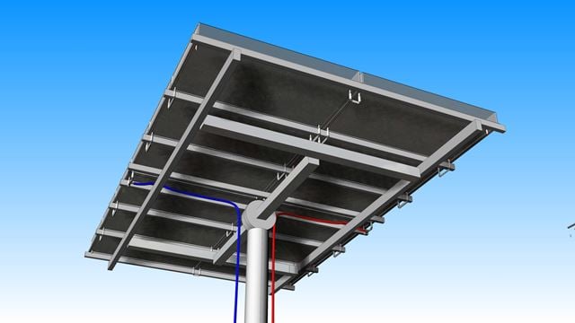 Illustrasjon som viser undersiden av et solcelleanlegg som også varmer opp vann.