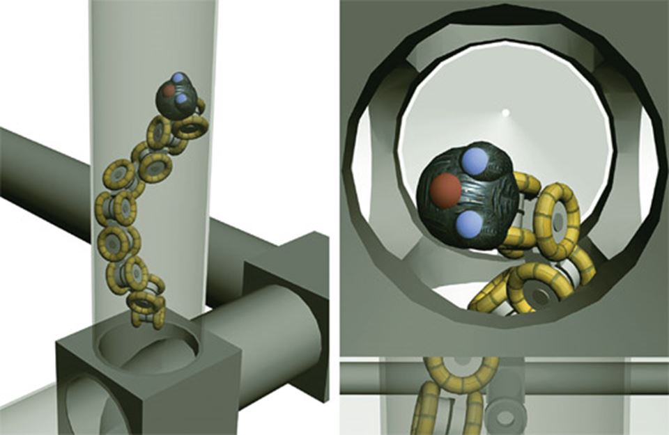 ANIMATION: The new robot functions as a train in horizontal pipes but manoeuvres sideways into a vertical pipe and twists vertically upwards. Illustration: SINTEF ICT