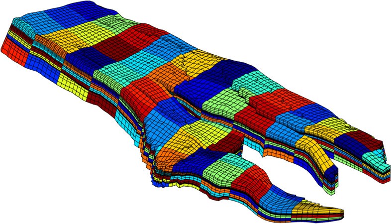 The new language is like the language of mathematics. This allows researchers to subdivide the work process in such a way that reduces the time it takes to develop a simulator. Just like this model which computes fluid pressure in the Norne field. Illustration: SINTEF