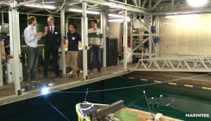 Eirik Bøckmann, Stephen Phillips, Alastair Sim and Ie-Bum Shin discuss their work in the Towing Tank. Photo: Ingvil Snøfugl, Siw Hermanstad, Marinek/SINTEF