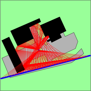 Illustration: An audio image from a road with traffic (the blue horizontal line) representing how it would sound to a person standing in the centre of the picture (the blue ring). The black images are buildings, while grey represents asphalt and the green areas vegetation. The red lines represent sound paths that indicate the directions that the sound follows from the road to the listener. The diagram also shows lines indicating where sound is reflected and refracted due to the presence of adjacent buildings.