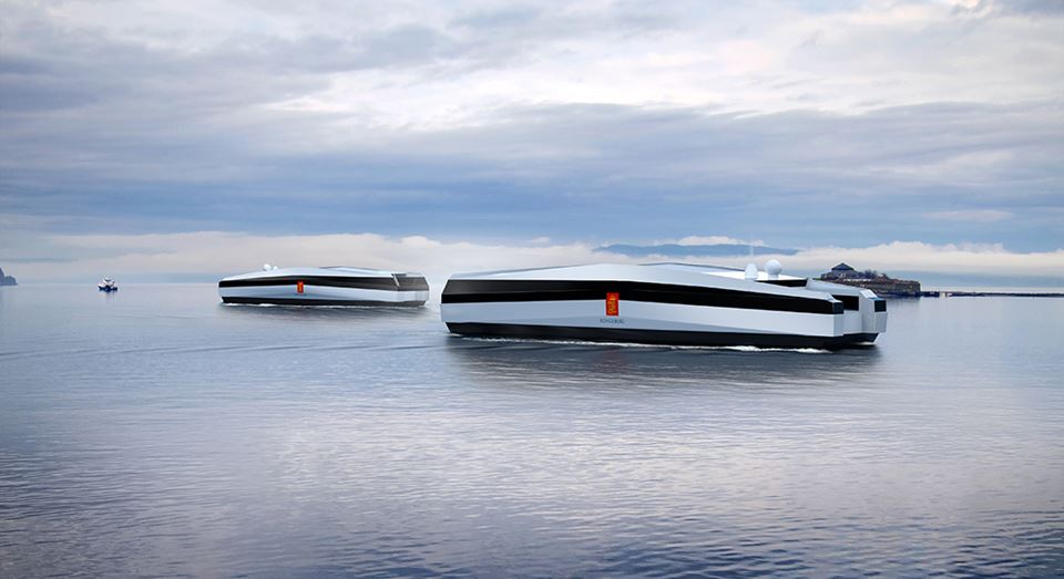 We now witness a rapid development of the technology that is needed to create larger pilotless vessels that can transport cargo and maybe passengers. This is how unmanned ships can look in the future. Illustration: Kongsberg Seatex