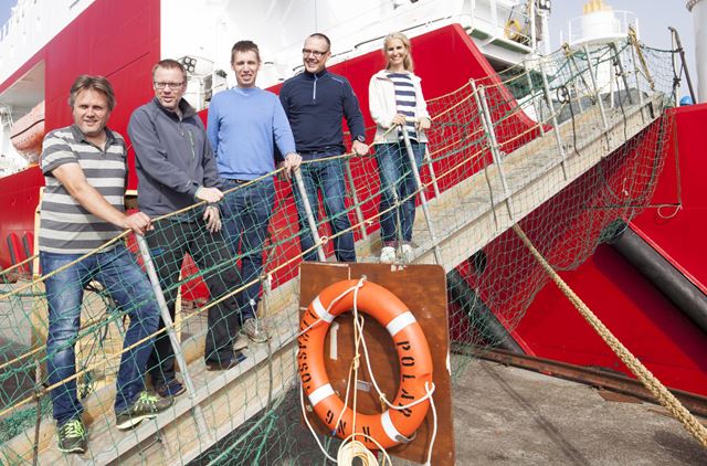 From left, researchers Fredrik Søreide, Steinar Løve Ellefmo, Martin Ludvigsen, Kurt Aasly and Eva Ramirez-Llodra aboard the Polar King for a research cruise to explore deep sea mineral-rich areas north of Jan Mayen, along the Mid-Atlantic Ridge. Photo: Lars-Ivar Tumyr/NTNU