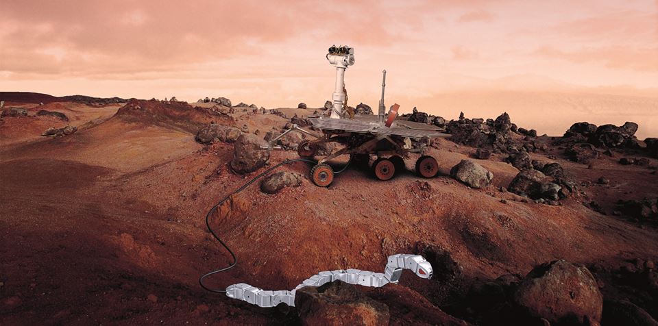 The picture shows an imaginary snake robot on Space Station – on the way to inspect anything for the astronaut. Illustration: Shutterstock/SINTEF.