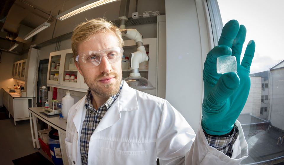 SINTEF researcher and biotechnologist Øystein Arlov shows us an alginate gel that literally acts as a growth medium for artificial cartilage cells. Photo: Thor Nielsen.