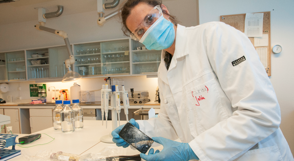 Research Scientist Julia Farkas at SINTEF seen here testing whether mobile phones are leaking substances into seawater, and analysing the concentrations these substances are found in. The results will tell us something about how they impact on the environment. Photo: Anne-Lise Aakervik.