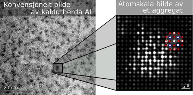 a conventional picture of what you can see in a TEM, compared to what NTNU researchers were able to observe at the atomic level.