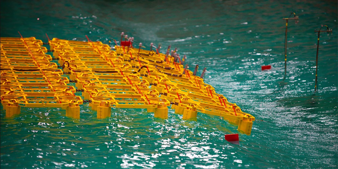 A floating solar farm: This model is equipped with sensors that gather wave information and data on both the movement of, and stresses on, the moorings and coupling points. Photo by SINTEF