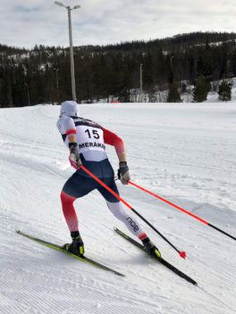 Skier from behind, skiing up hill