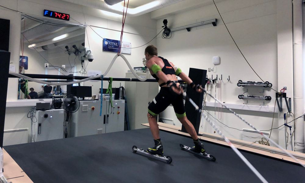 Skier on large treadmill working out