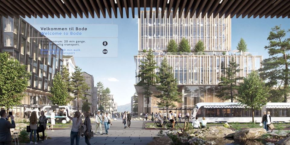 A city with lots of green areas, where you can easily get by without your own car, is good for the climate, the environment and people. Illustration is from a planned district at the former airport in Bodø municipality. Illustration: Henning Larsen architects