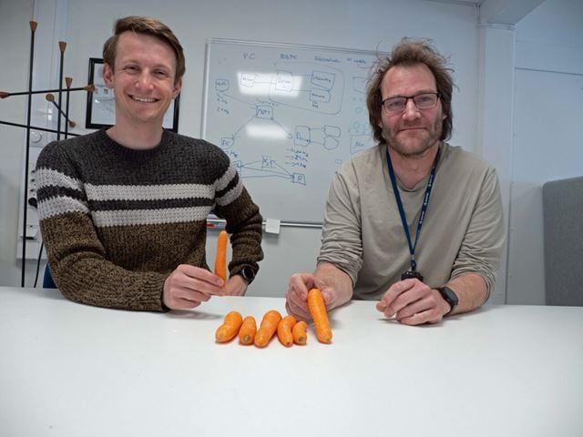 What happens when a carrot comes along that doesn't look like the others? Stein Oskar Hinderaker (left) and Ådne Solhaug Linnerud show how a machine can answer that question.